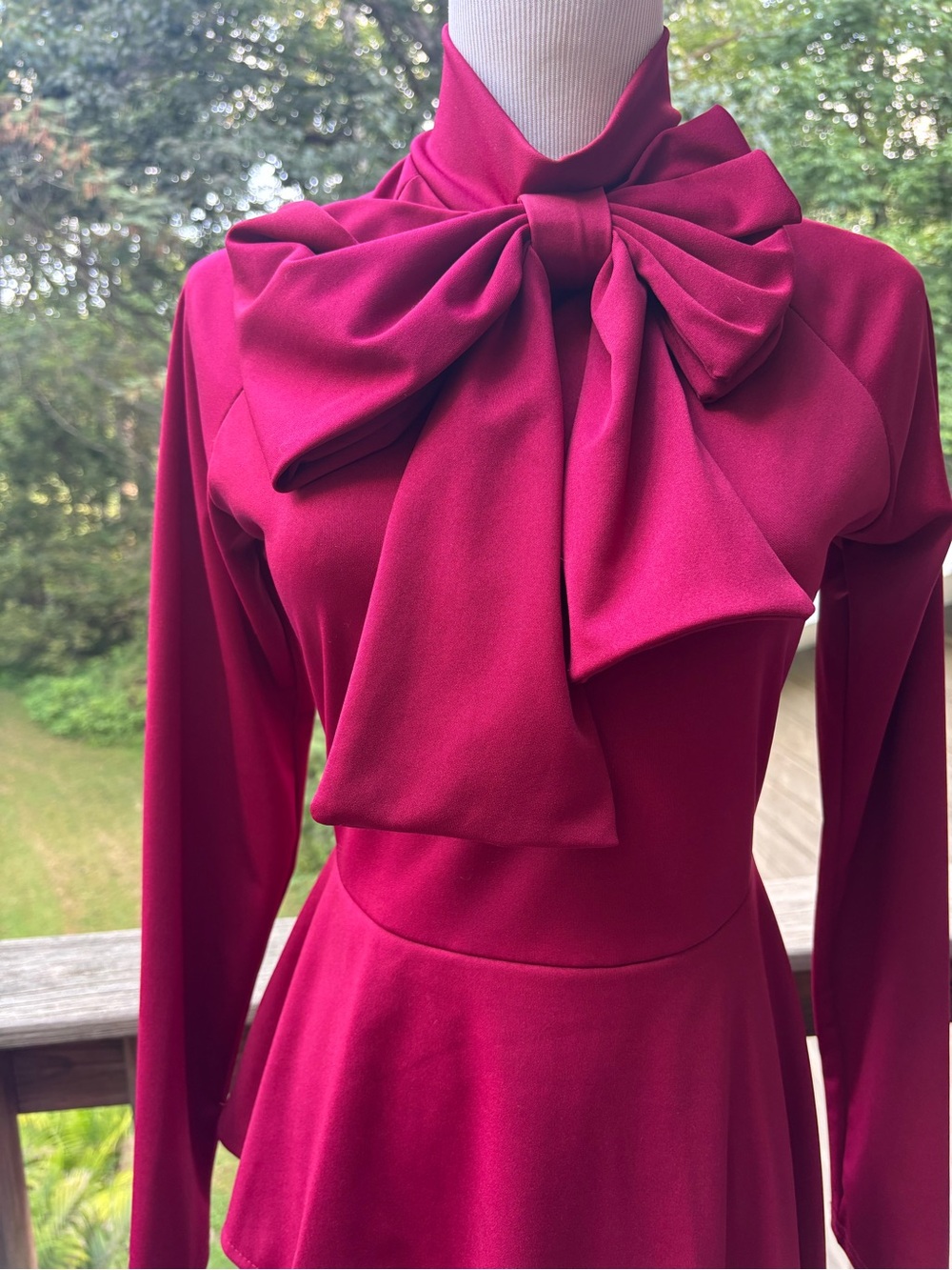 Elegant Fuchsia Bow-Tie Long Sleeve Women's Dress